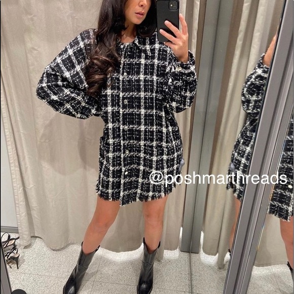 Zara Jackets & Blazers - Zara tweed oversized black & white shirt dress
